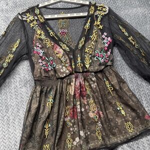 Wayward Fancies eShakti Tunic Top M‎  Boho Sheer Mesh Embroidered Floral Blouse